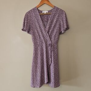 Monteau Los Angeles Sz M Elegant Purple Floral Wrap Mini Dress
